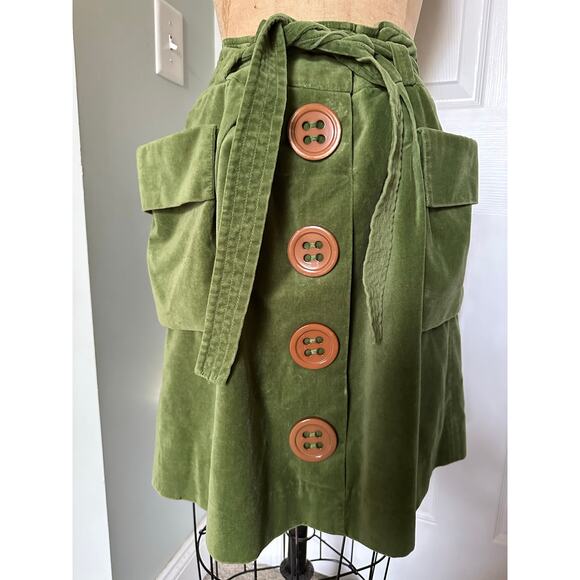 Anthropologie elevenses plush skirt fairy story deep pockets green belted button - Picture 6 of 16